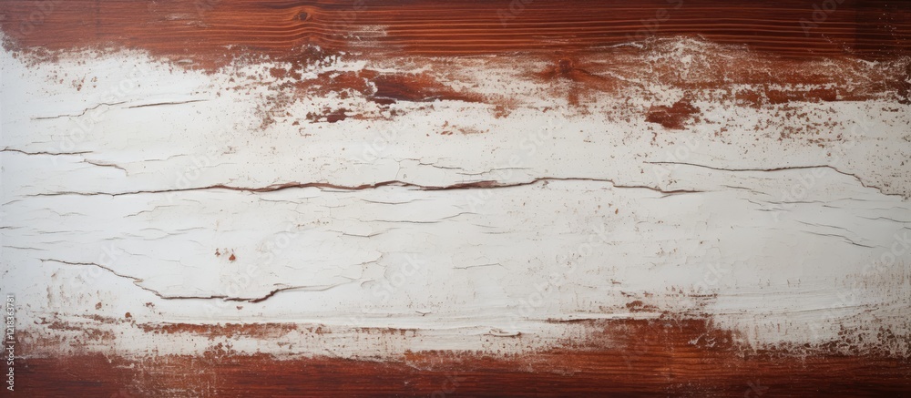 Poster Vintage mahogany countertop with peeling white paint showcasing deep cracks and frayed edges against a warm red backdrop with ample copy space.