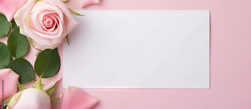 Poster Top view of a pink rose frame with lush green leaves surrounding a blank card on a soft pink background creating an elegant and romantic display