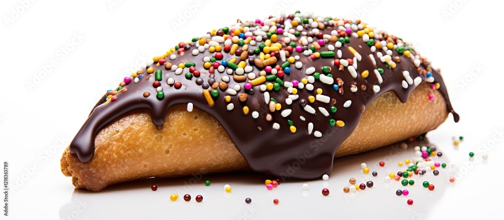 Poster chocolate covered fortune cookie draped in glossy dark chocolate and colorful sprinkles positioned o