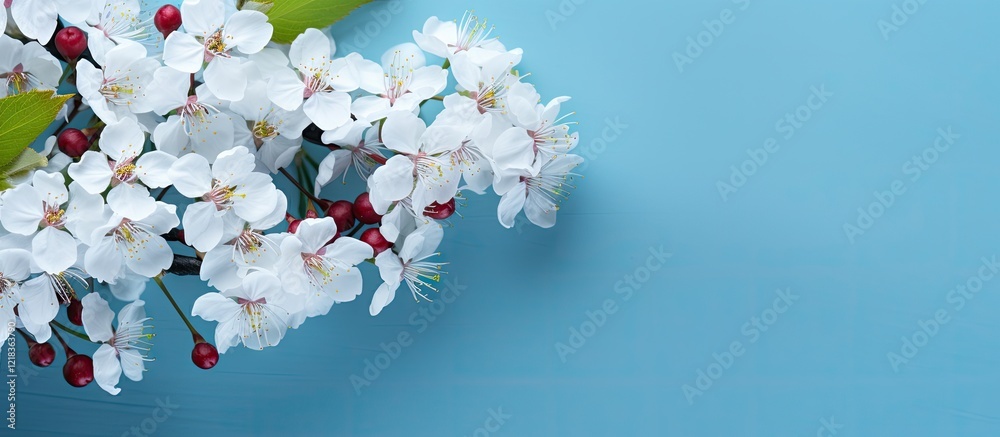 Poster delicate white blossoms with red berries arranged on a soft pastel blue background creating a serene