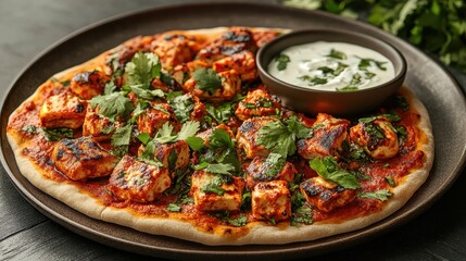 Grilled tandoori chicken pizza with cilantro, served with a creamy yogurt dip. Perfect for showcasing Indian fusion cuisine, restaurant menus, or food blogs.