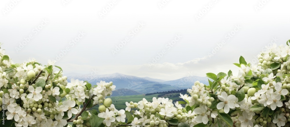 Poster white apple tree flowers in full bloom framing a serene landscape with soft green hills under a clou