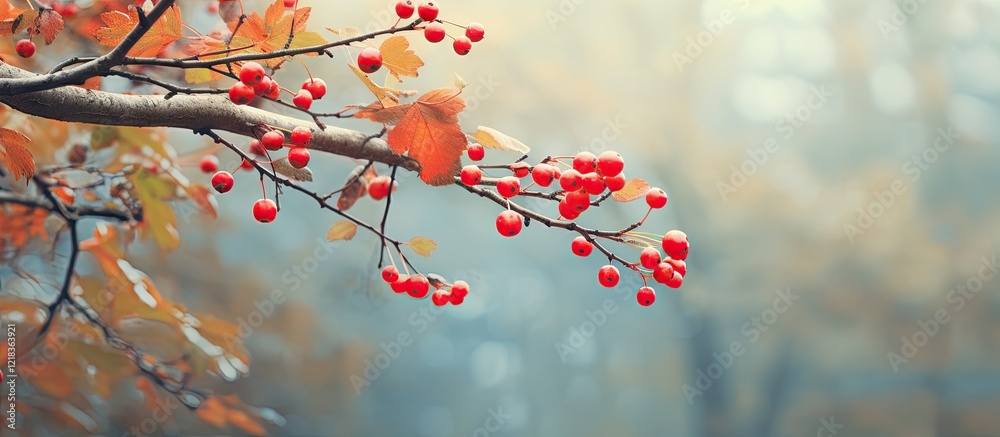 Poster vibrant red berries on a branch with soft green and hazy background, showcasing autumn foliage and a