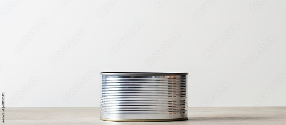 Aufkleber closed tin can of preserved food on a neutral gray surface with white background, showcasing minimal