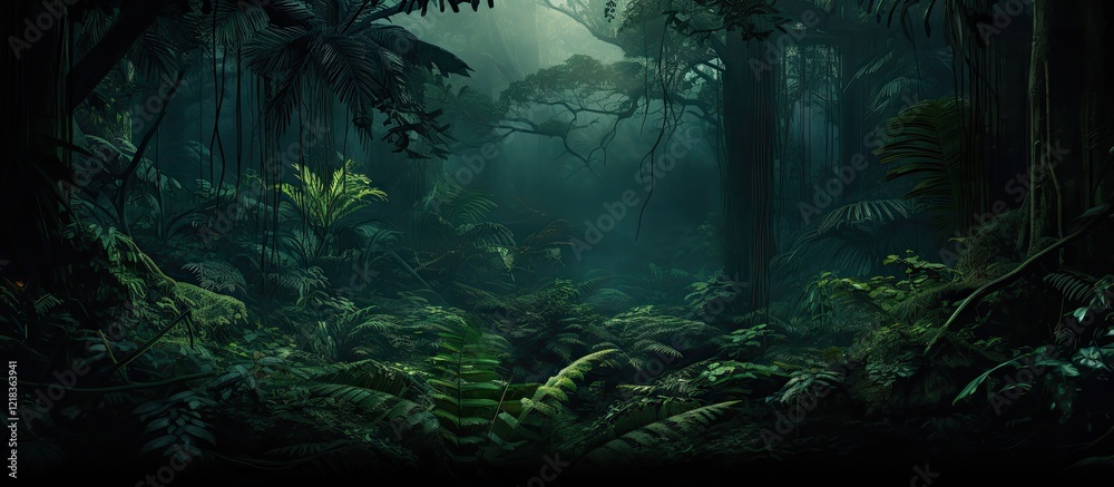 Poster Mysterious deep tropical jungle scene illuminated by soft light with lush green foliage foreground and shadowy trees in the background.