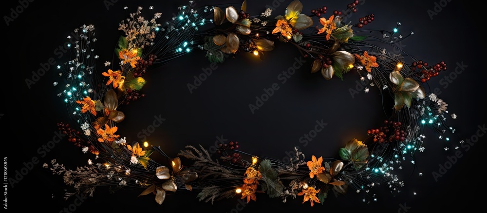 Poster new year garland illuminated with warm orange flowers and teal accents on a black backdrop, creating