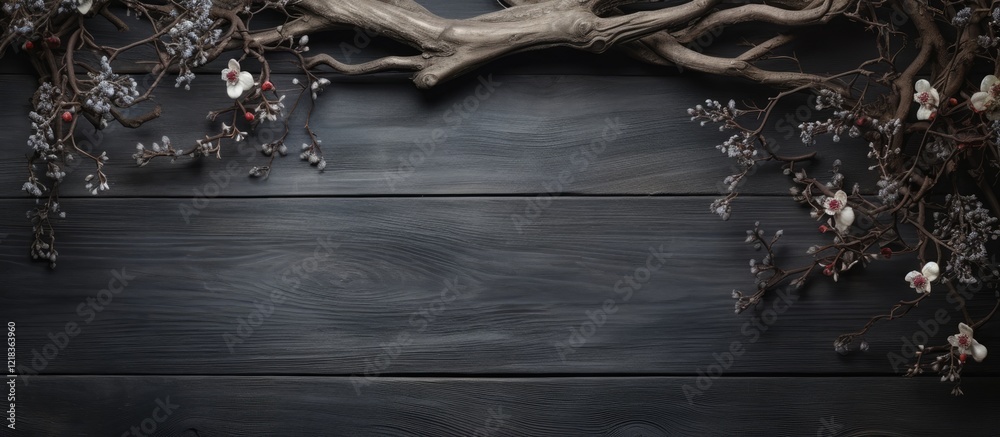Poster flourishing branches with delicate flowers on a rustic dark wooden background creating an elegant co