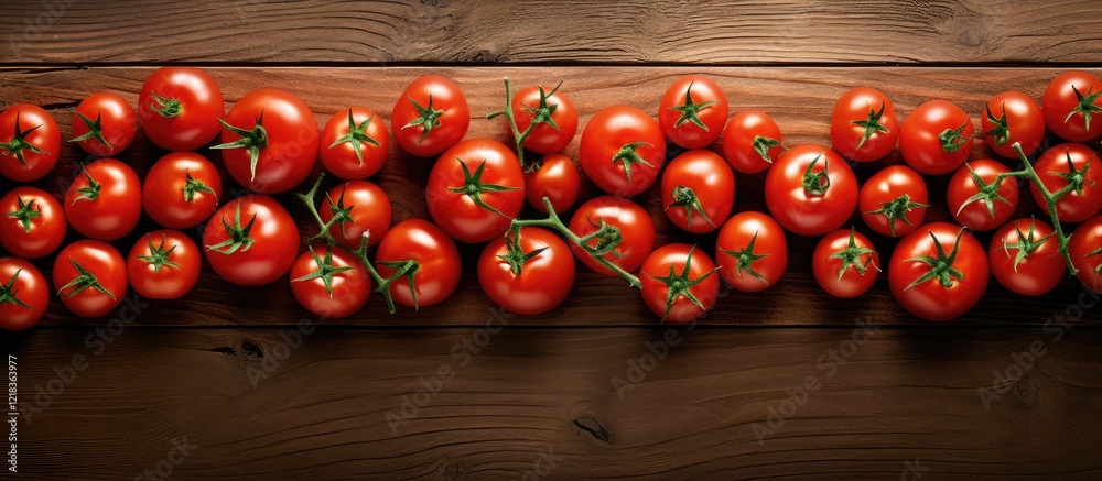 Poster Fresh ripe tomatoes displayed in a neat row on a rustic wooden table with a warm brown tone and ample copy space for text customization.