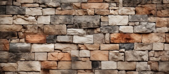 Fototapeta premium Textured stone wall with a mix of gray, brown, and cream colored stones arranged irregularly, creating a rustic and ancient appearance.