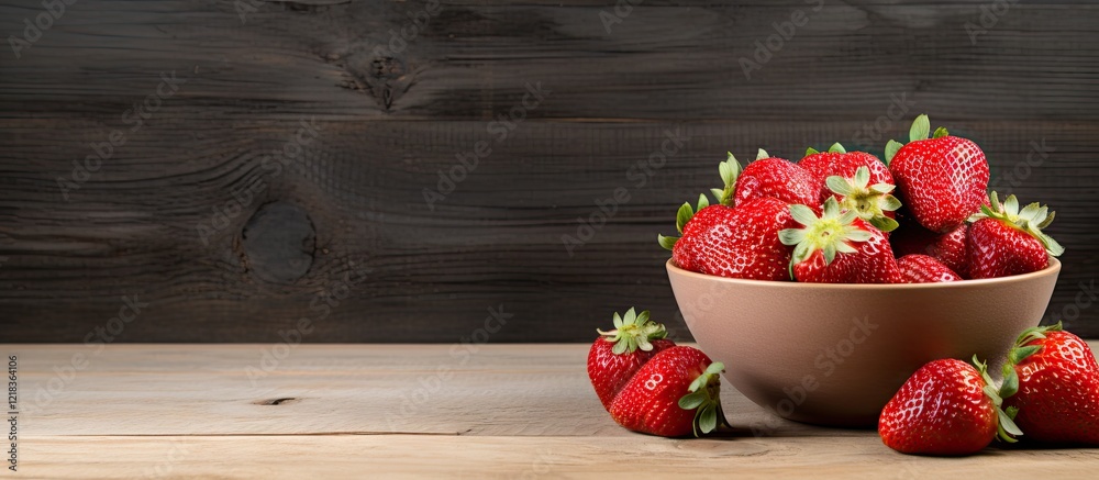 Poster fresh red strawberries in a beige bowl on a rustic wooden table with ample negative space on the rig