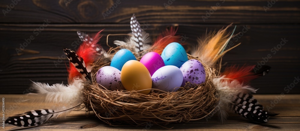 Poster colorful painted eggs in sisal nest with bird feathers on wooden background vibrant hues with ample 