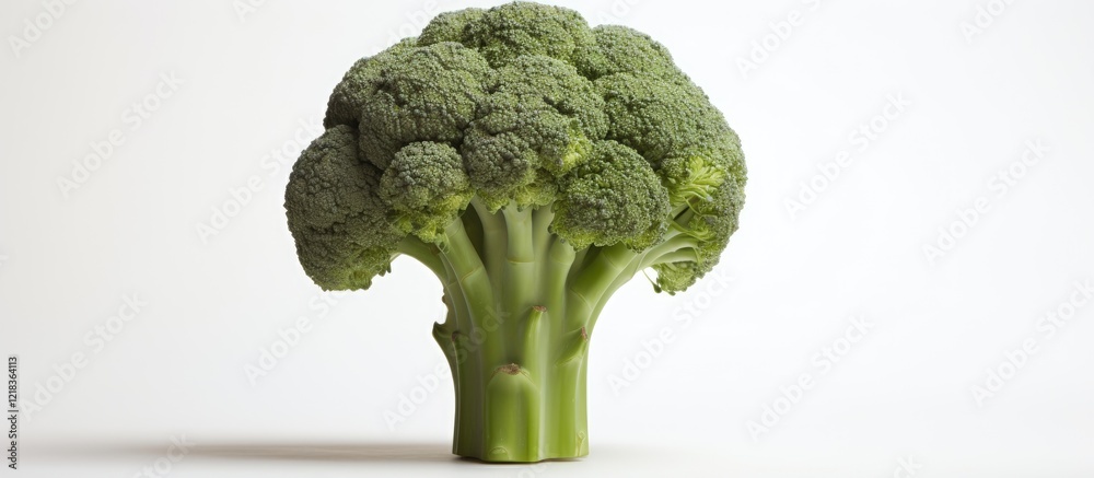 Poster fresh, vibrant green broccoli on a light neutral background, centered with a smooth texture and focu