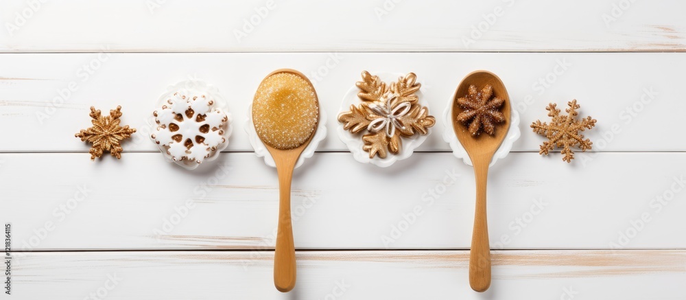 Poster warm wooden spoons with honey and decorated cookies in snowflake shapes on a white wooden table, cre