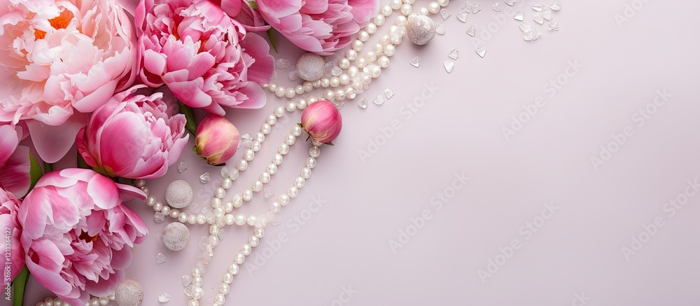 Poster elegant pink peonies with soft petals arranged on a light gray background, accented by strands of pe