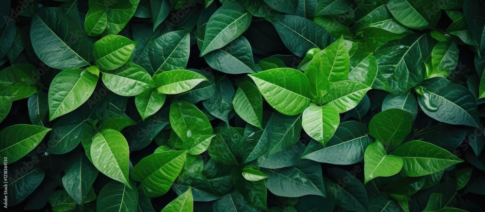 Poster Lush green foliage background with layered vibrant leaves in varying shades of green creates ample copy space for text and design elements.
