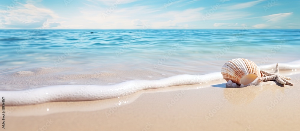 Poster seashell and starfish on sandy beach with gentle waves in blue ocean and sky, white foam trailing ac