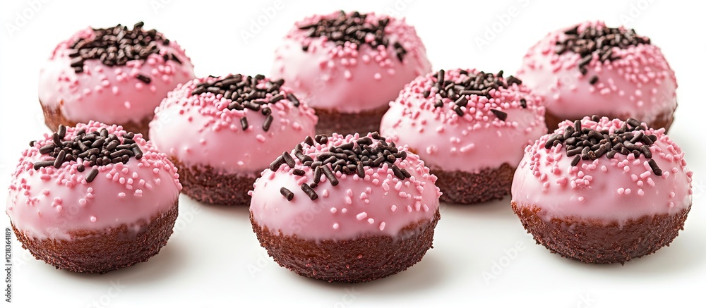 Poster Pink frosted donuts with chocolate sprinkles arranged in two rows on a white background highlighting their round shape and colorful toppings
