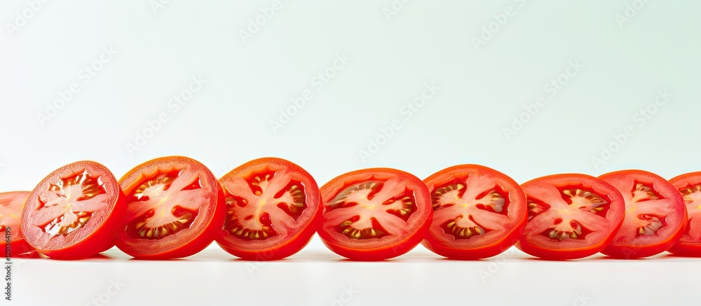 Poster Thin slices of vibrant red tomatoes lined up neatly on a soft pastel green backdrop creating a bright and fresh culinary aesthetic.