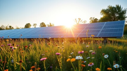 Bright Sunrise Over a Field of Wildflowers with Solar Panels in the Foreground, Showcasing Renewable Energy and Nature’s Beauty in Harmony