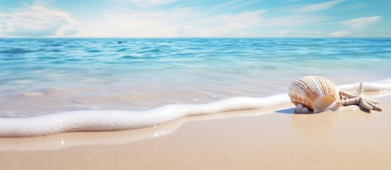 Seashell and starfish on sandy beach with gentle waves in blue ocean and sky, white foam trailing across light tan sand, serene coastal scene.