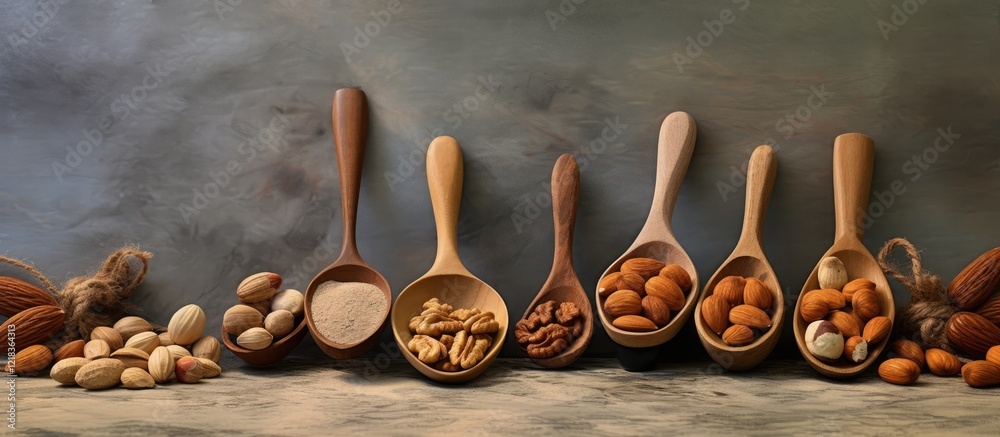Poster Wooden spoons filled with various nuts arranged horizontally on a textured stone surface with warm earth tones creating an inviting atmosphere.