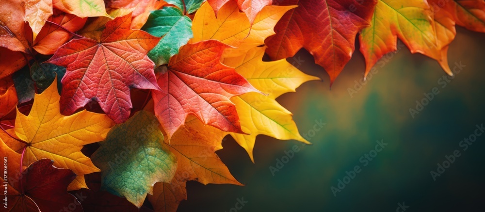 Aufkleber Vibrant autumn leaves in red yellow and orange cascading from the left on a soft green gradient backdrop with ample clear space for text.