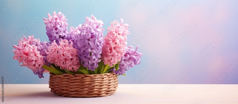 Aufkleber basket of pink and purple hyacinth flowers on a light wooden surface with a soft pastel gradient bac