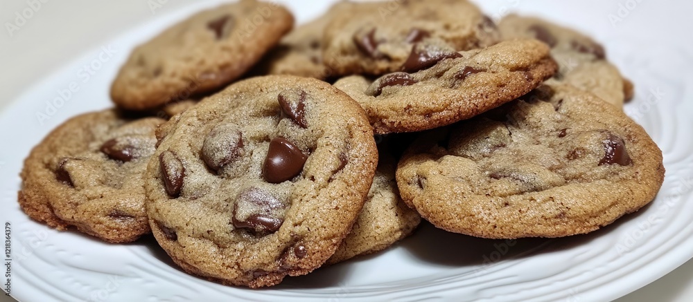 Aufkleber freshly baked golden brown chocolate chip cookies stacked on a white plate with glossy chocolate chi