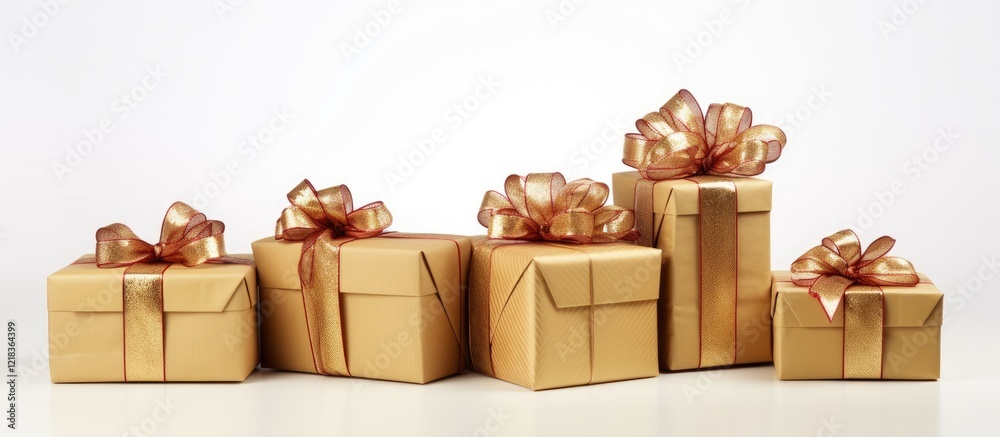 Poster festive arrangement of golden christmas gift boxes with shimmering ribbons on a white background cre