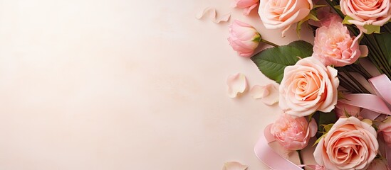 Delicate arrangement of blush pink roses on a soft pastel background with scattered petals and a ribbon, creating a romantic floral composition.