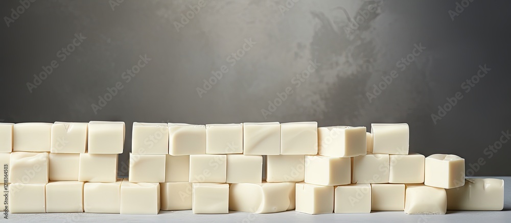 Poster White chocolate bars arranged in a neat line on a gray textured background with soft shadows highlighting their creamy hues and rectangular shapes.