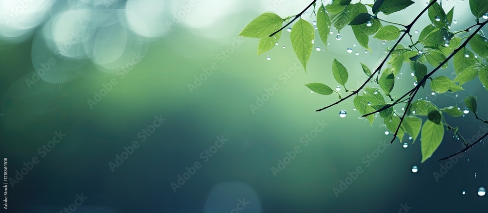 Aufkleber blurry green foliage with raindrops on the left, soft bokeh background with varying shades of green 