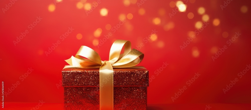 Poster elegant red gift box with golden ribbon centered on a vibrant red background adorned with soft bokeh
