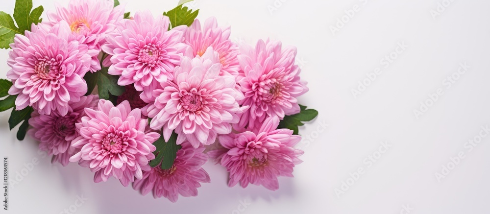 Poster Pink chrysanthemum bouquet in flat lay style on white surface with ample negative space for text on left side, green leaves accentuating arrangement