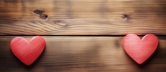 Fototapeta premium Romantic red hearts on rustic wood background with natural colors positioned left and right, featuring ample copy space in the center.