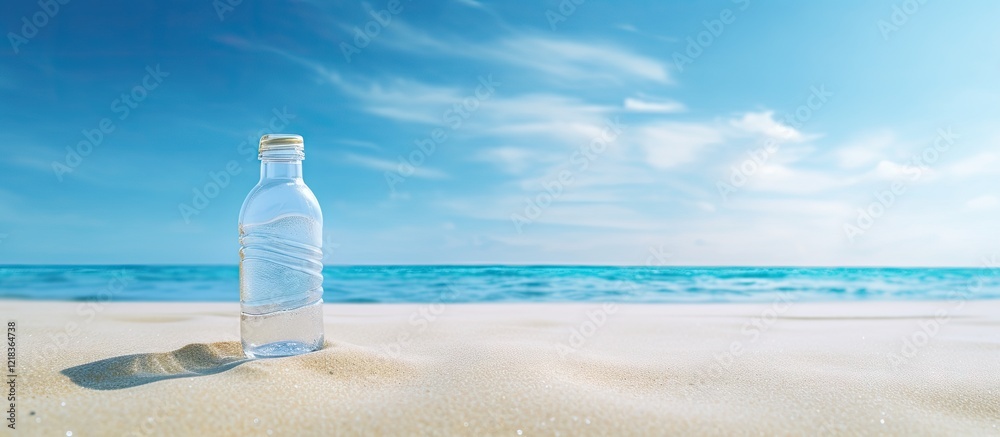 Leinwandbilder plastic bottle resting on sandy beach with ocean waves in background under bright blue sky creating 
