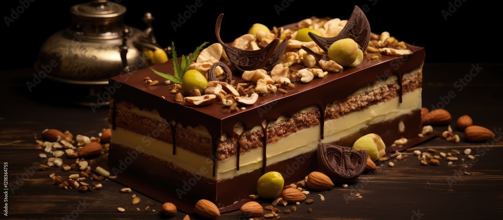 Poster luxurious mozart cake featuring layers of chocolate and pistachio nuts arranged on a dark wooden tab