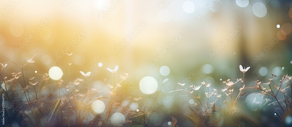 Fototapete soft blue and warm golden bokeh with blurred nature elements in the background create ideal copy spa