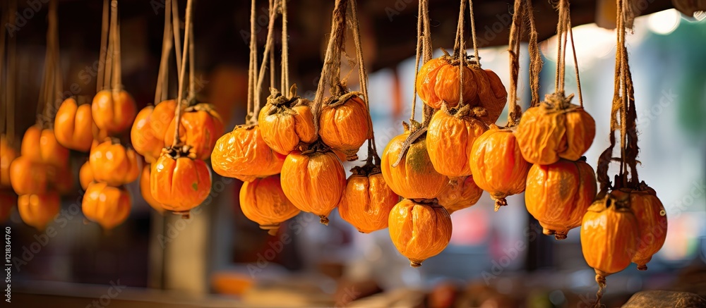 Aufkleber vibrant orange dried persimmons suspended on twine in a rustic market setting with blurred backgroun