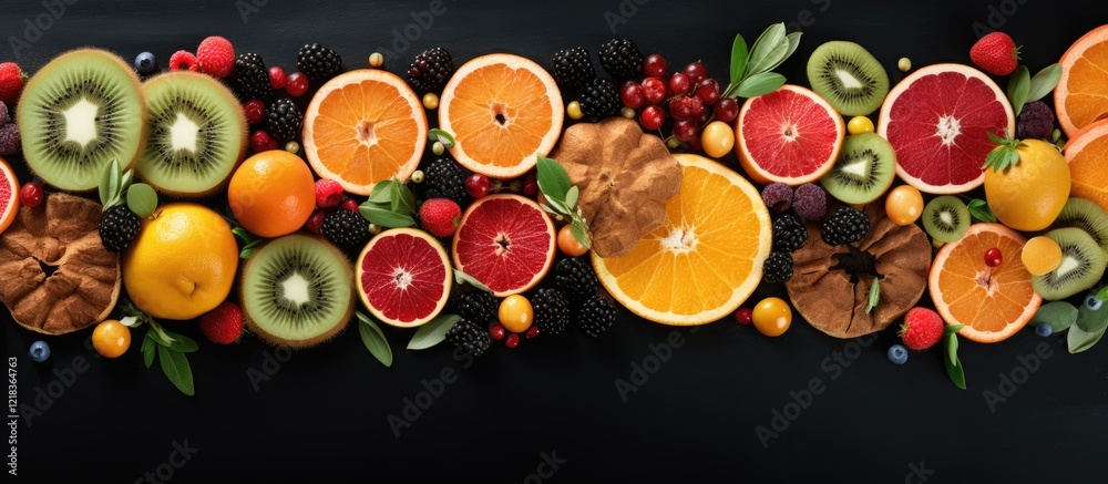 Aufkleber colorful arrangement of exotic fruits including kiwi orange and grapefruit along with cookies on a b