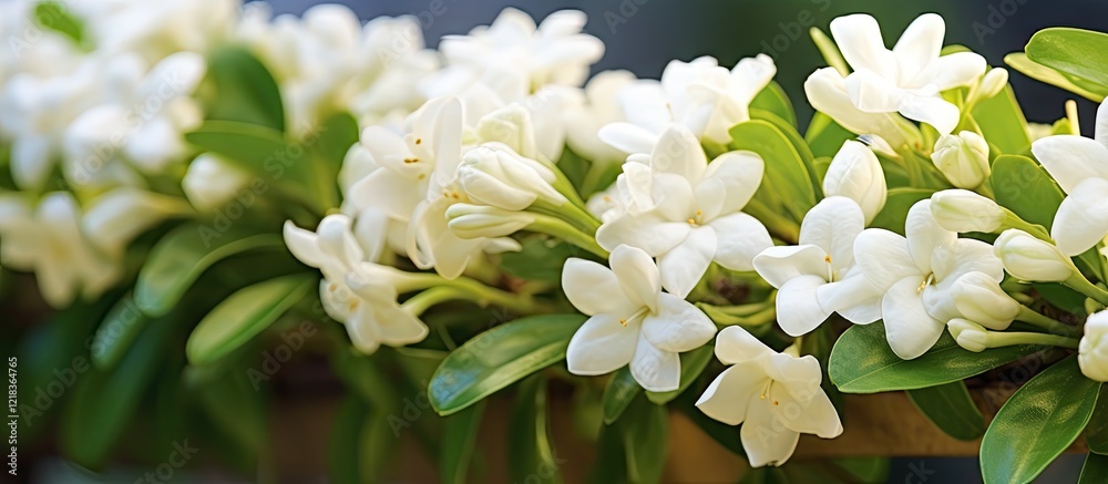 Poster close up of white jasmine flowers with lush green leaves arranged in a row against a blurred backgro