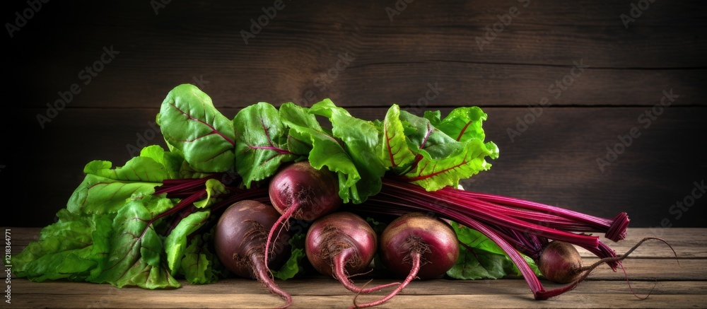 Poster fresh organic beetroots and green leaves on a rustic wooden table with dark backdrop highlighting ea