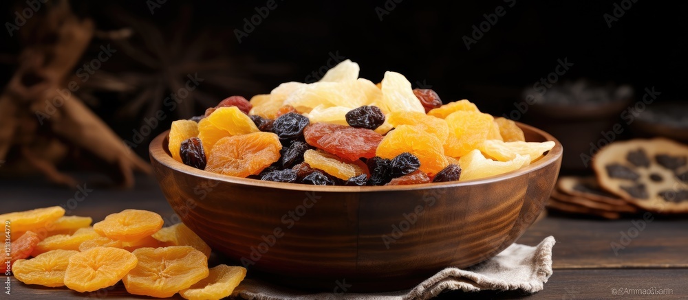 Poster bowl overflowing with vibrant dried fruits including pineapples and apricots positioned center on ru