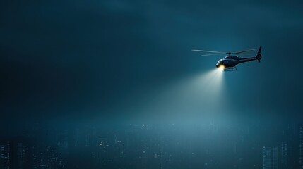 A military helicopter flying through the dark sky at night, its spotlight cutting through the darkness