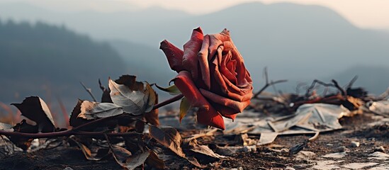 Decayed red rose lies among dried leaves against a misty mountain backdrop with soft hues creating ample copy space for textual overlay.