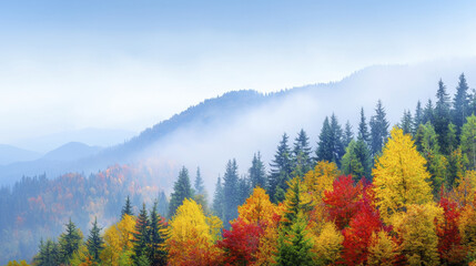 Aerial view of vibrant autumn forest with colorful trees and misty mountains
