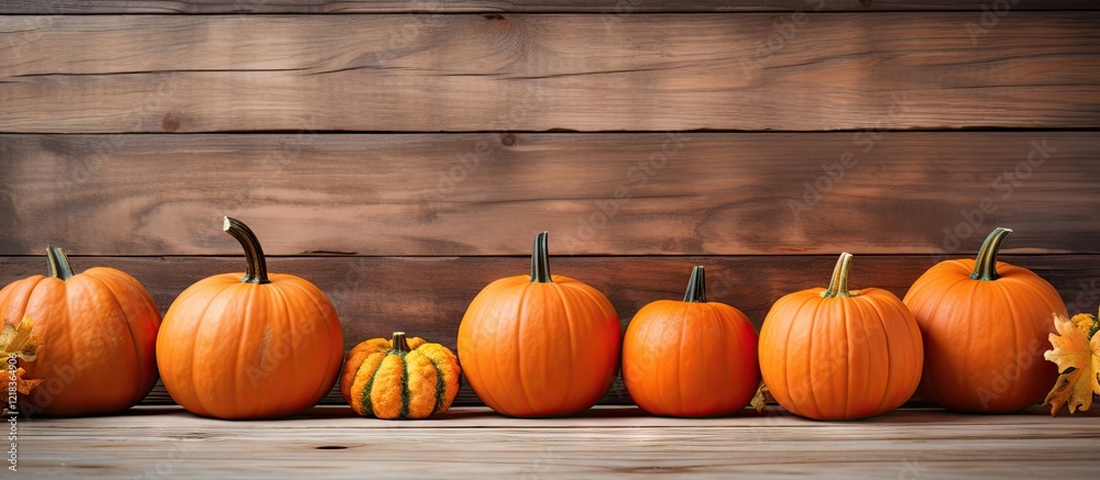 Poster rustic wooden background with a row of vibrant orange pumpkins in various sizes, accented by small y