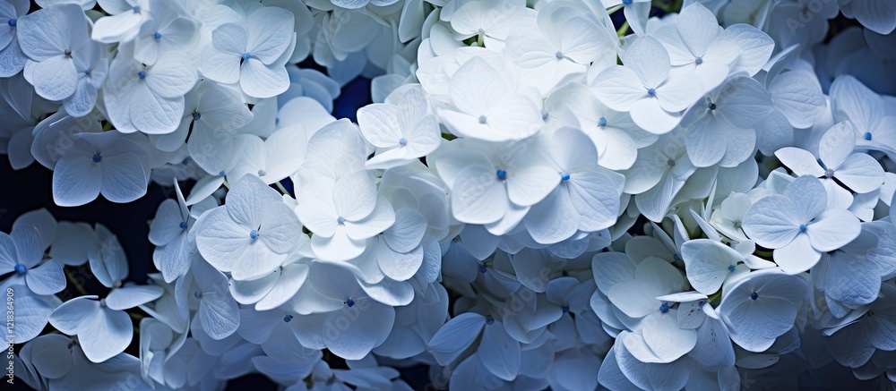 Poster white hydrangea blossoms densely clustered on a dark blue background, creating an elegant and serene
