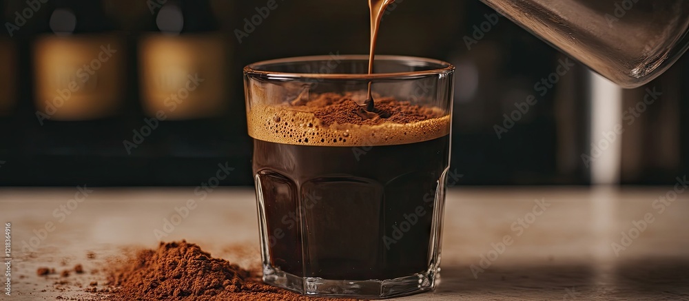 Poster rich dark espresso being poured into a clear glass with a frothy top, coffee grounds scattered on a 