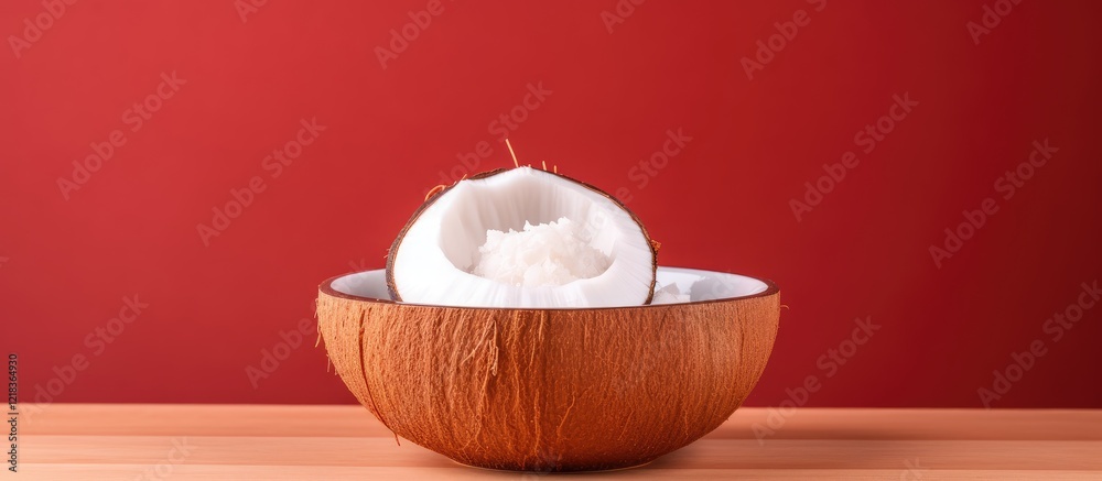 Aufkleber organic coconut pulp in a rustic brown bowl on a vibrant reddish background with ample copy space fo